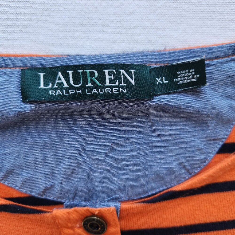 Lauren Ralph Lauren Orange & Navy Striped Button Henley Top Stretchy Comfy Soft - Picture 3 of 7